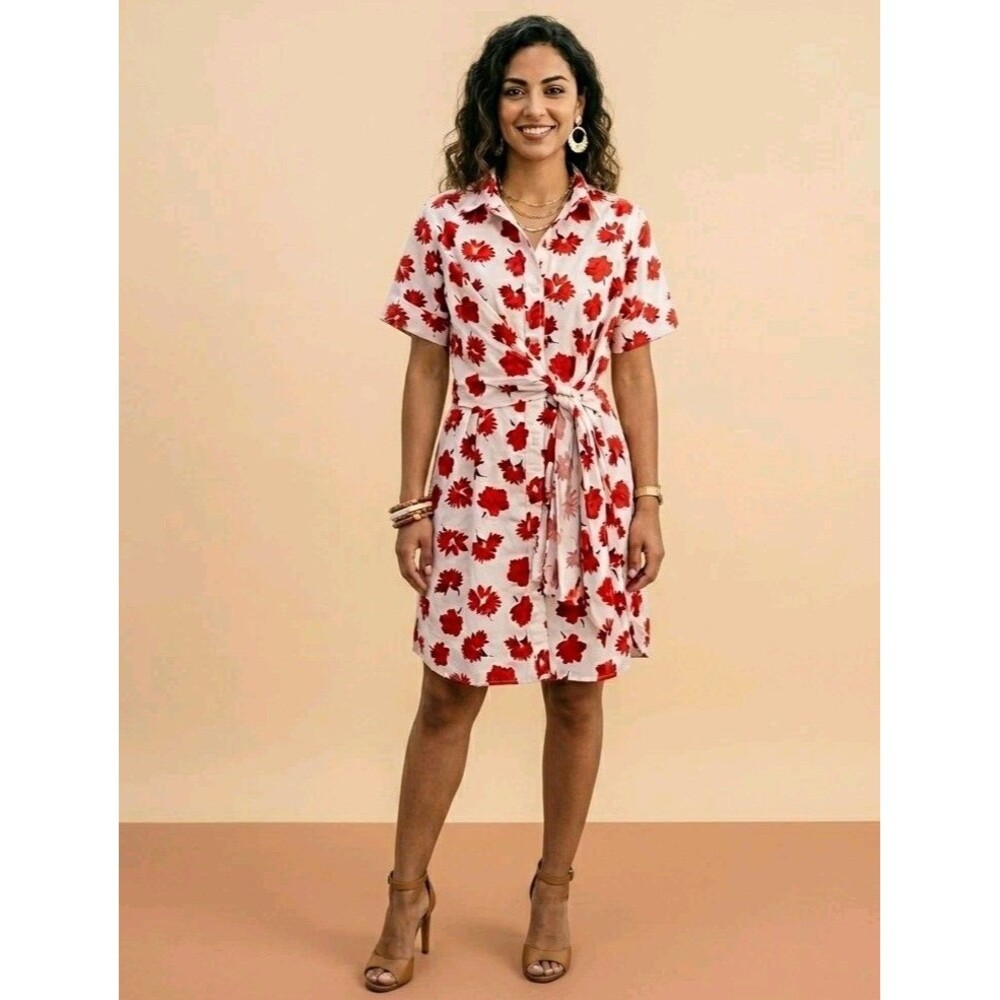 Free Assembly Women's Floral Shirt Dress Size M Red White Button Down Tie Waist